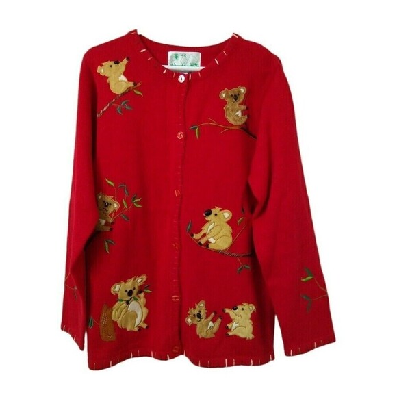 Quacker Factory Sweater Women's Medium Red Koala Bear Appliques Vintage 90s - Picture 1 of 6
